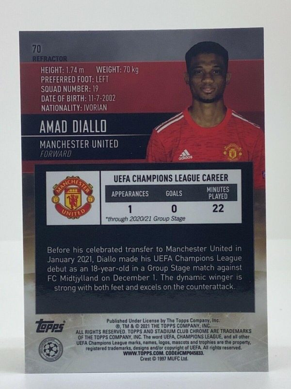 #070 AMAD DIALLO (MANCHESTER UNITED) REFRACTOR STADIUM CLUB CHROME 2021 - Image 2