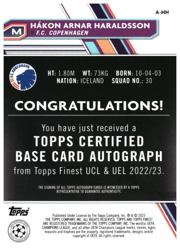 TOPPS UCC FINEST 2022/23 AUTO COPENHAGEN HAKON ARNAR HARALDSSON – Football  Cards Direct